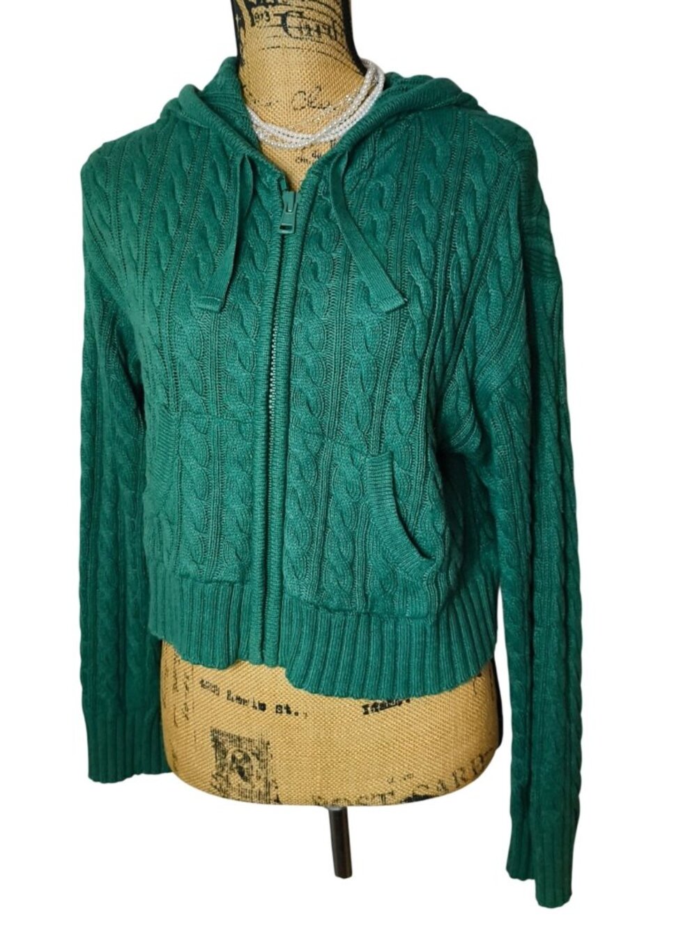 American Eagle Womens M Crop Sweater Hooded Zip-Up Green Cable Knit Y2K Vtg Moto